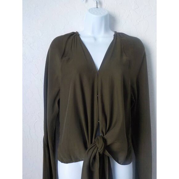 Jordan Louis Green Blouse Top Tie Front Hook Eye Long open Sleeves Fits S/M - Picture 3 of 8
